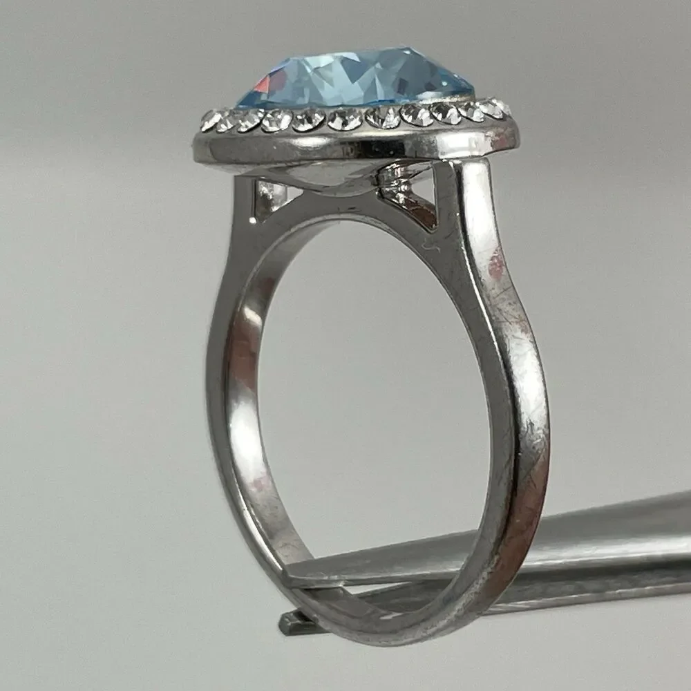 Silver Tone Blue Cushion Cut Glass Halo Statement Cocktail Ring Sz 8 Boho Cute